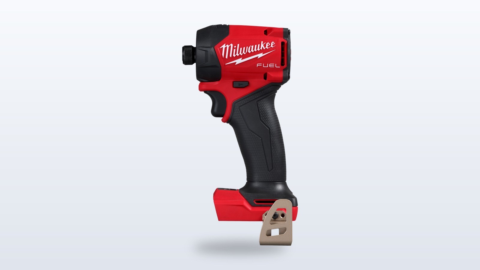 Red and black Milwaukee M18 FUEL SURGE hydraulic driver against a black background