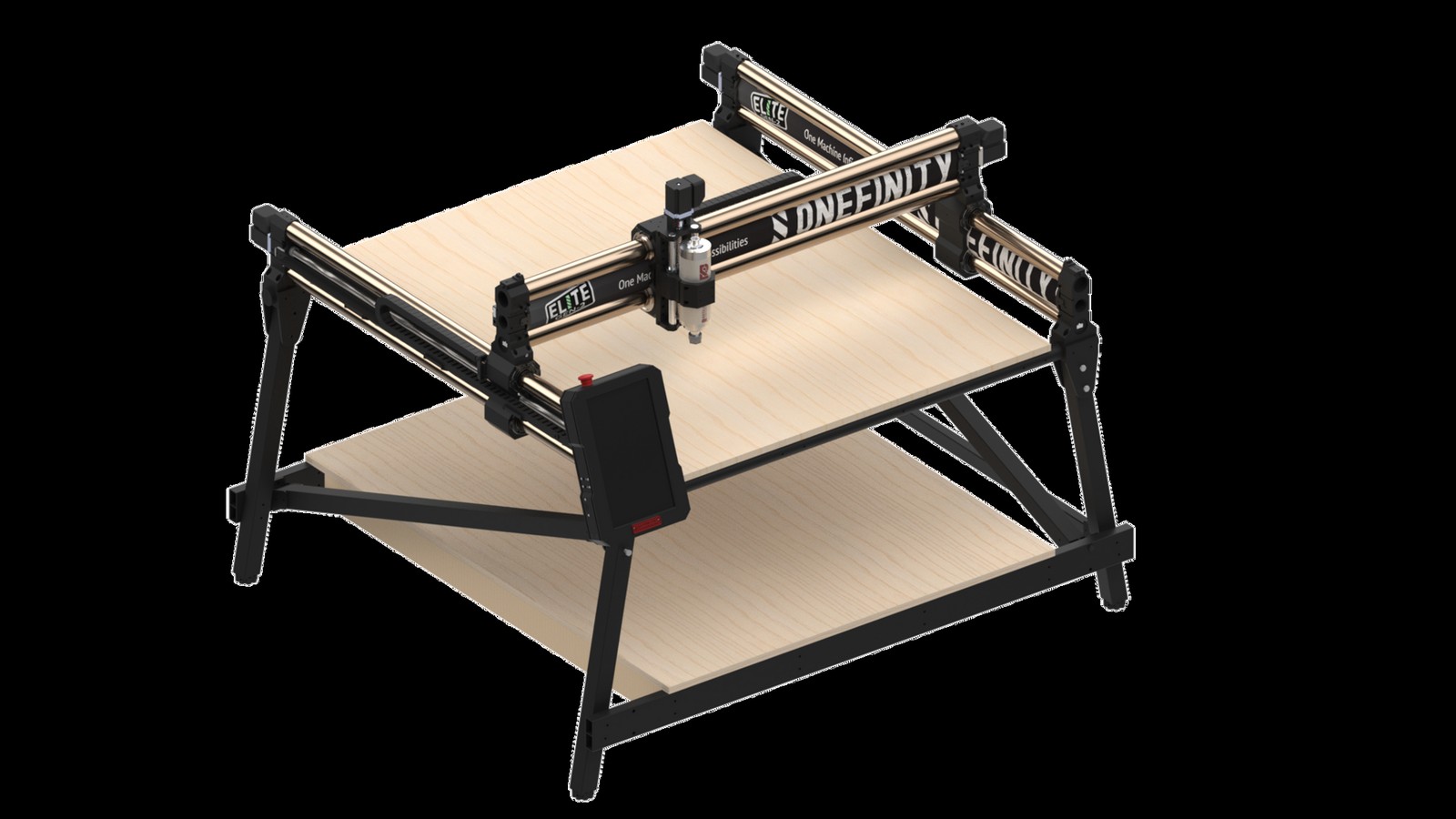 Rendering of a Onefinity Gen 2 Elite CNC router on a black background, showing the bronze-colored gantry with the Onefinity name and a plywood table
