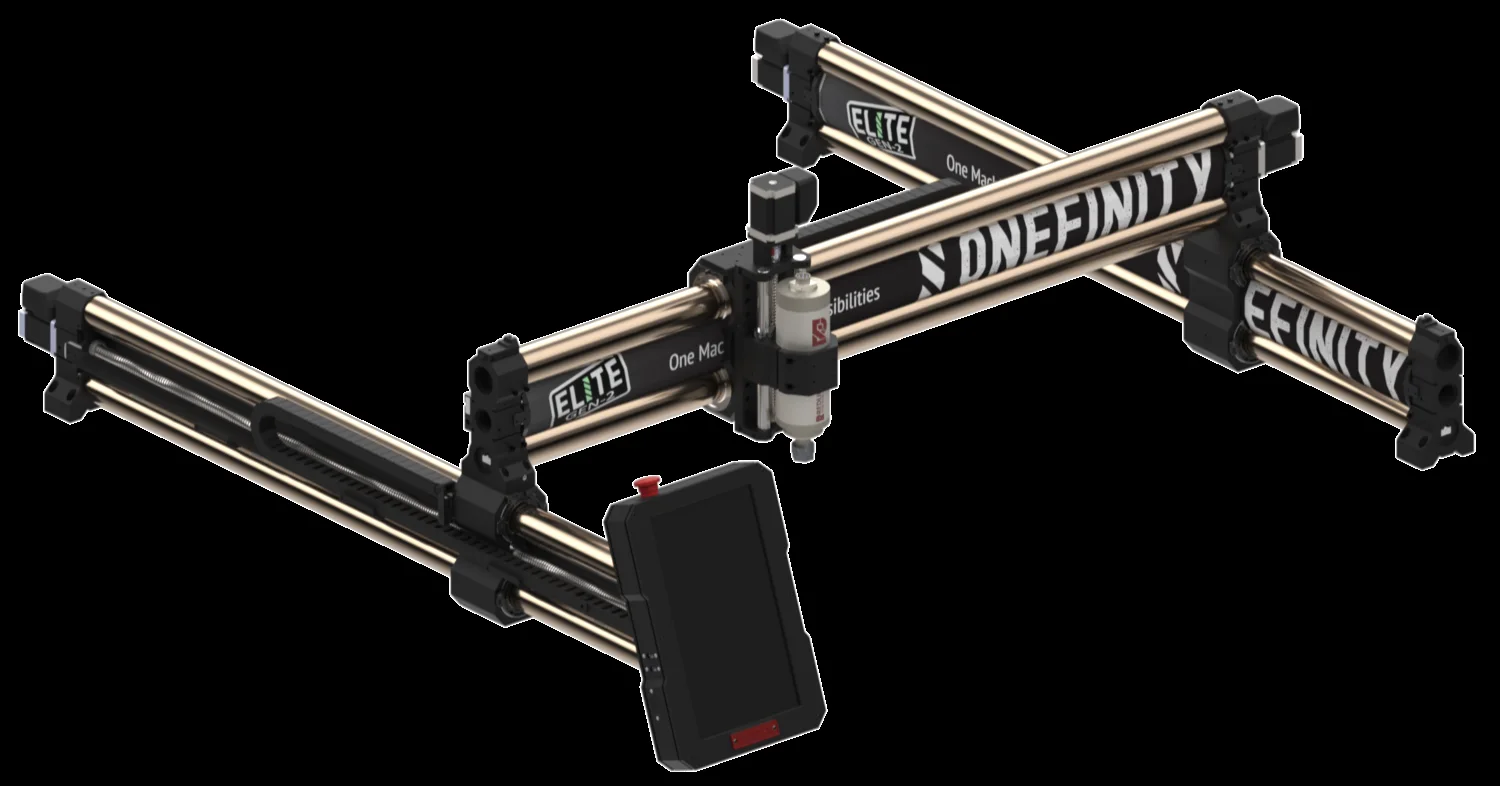 Rendering of a Gen 2 Elite showing the gantry, spindle, and a controller on the side