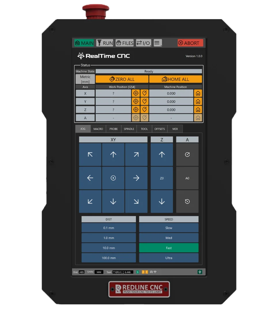 The Redline CNC handheld controller with a touchscreen showing jog and zero buttons