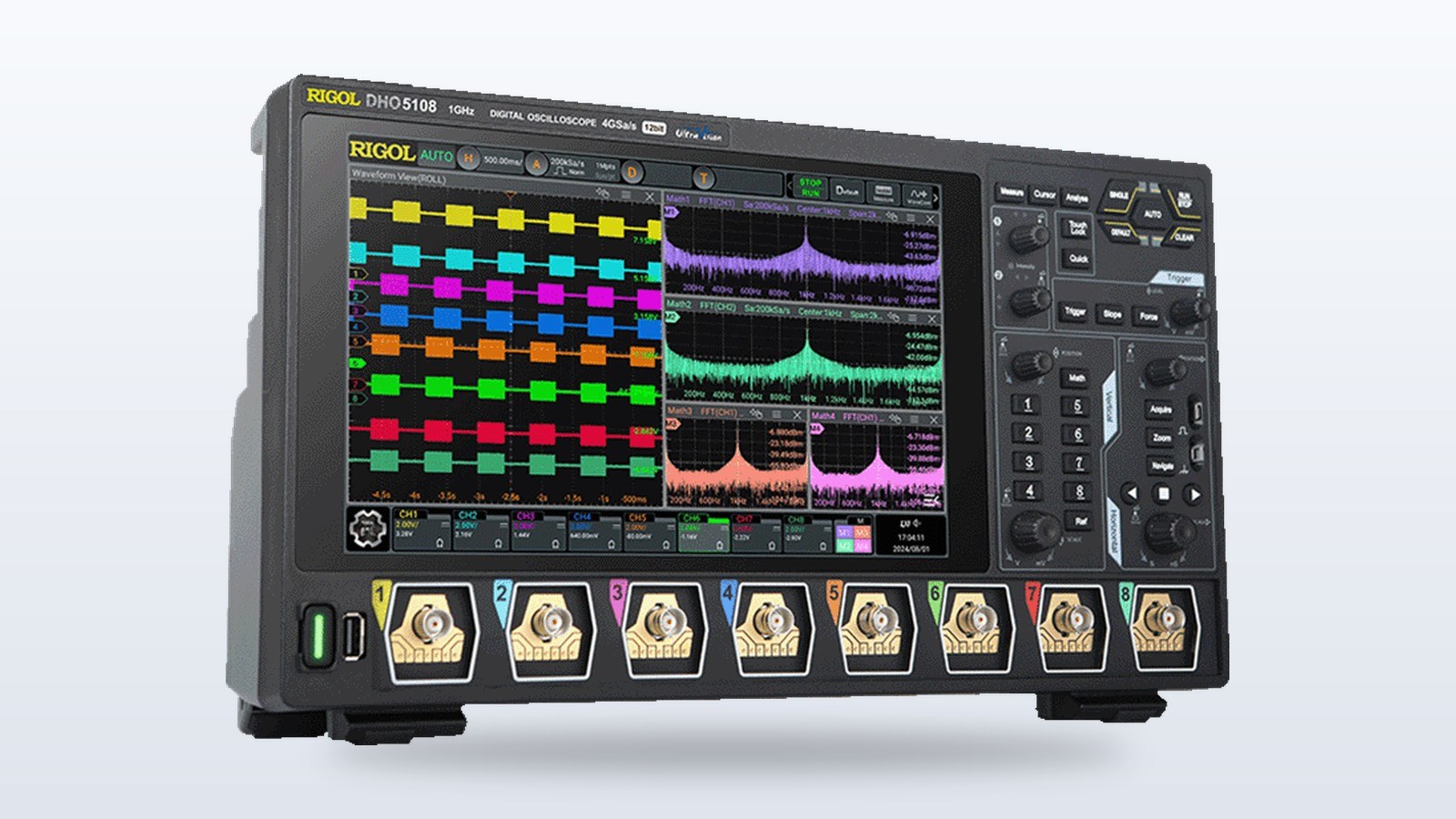 Rigol MHO5000 oscilloscope with its 10.1-inch touch screen showing several waveforms