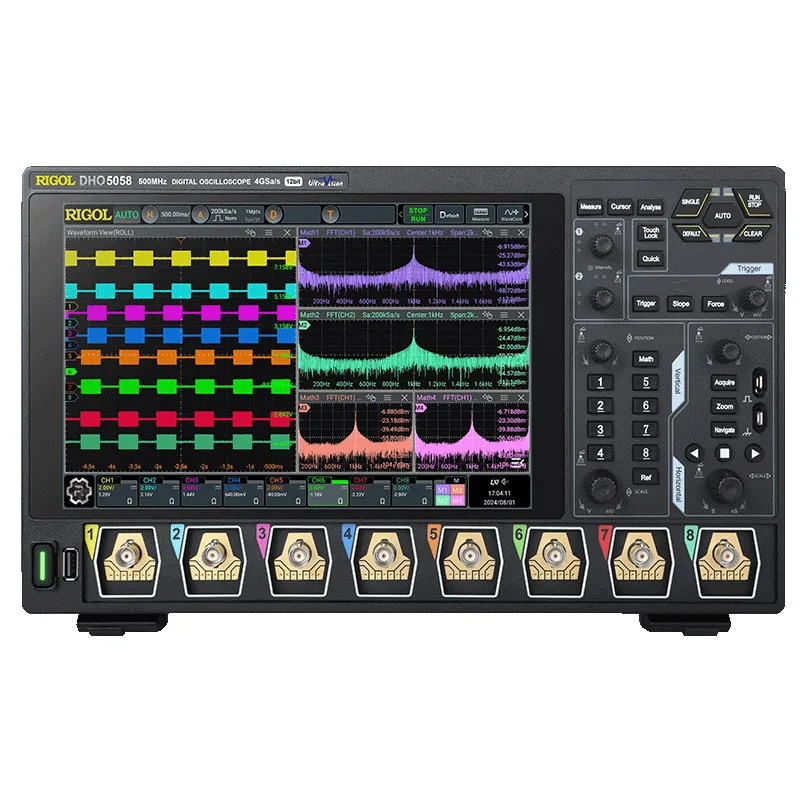 Rigol DHO5000 series oscilloscope with eight color-coded channels on screen