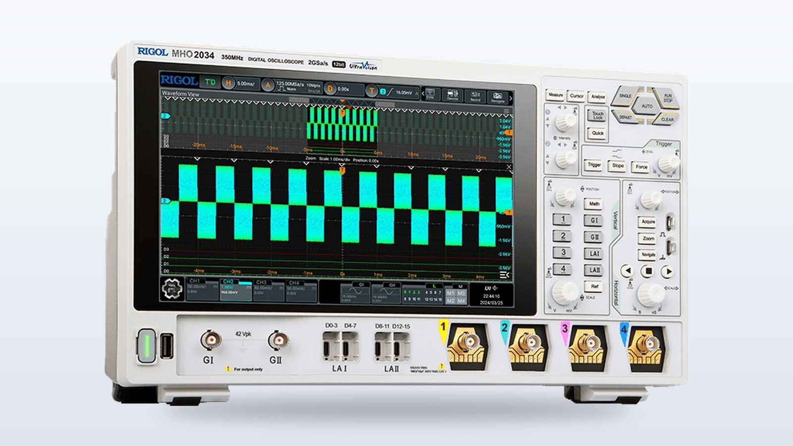 Rigol MHO2000 mixed-signal oscilloscope displaying several waveforms