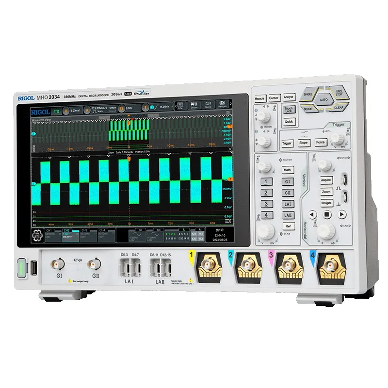 Rigol MHO2000 mixed-signal oscilloscope from the front, showing four analog inputs and the logic connectors