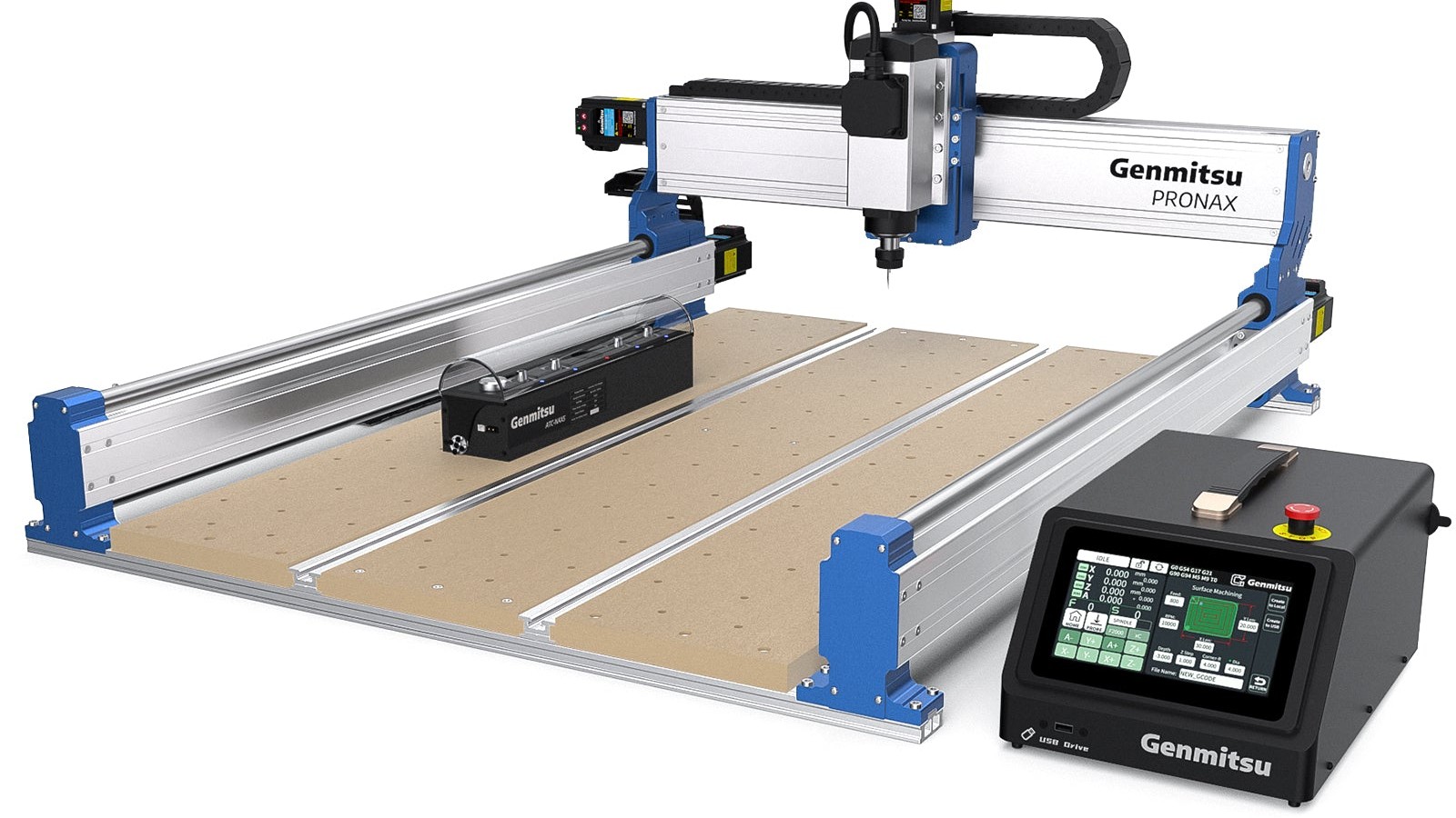 Genmitsu PRONAX CNC router with blue end plates, a silver gantry, a perforated bed, and a black touchscreen controller at the front right