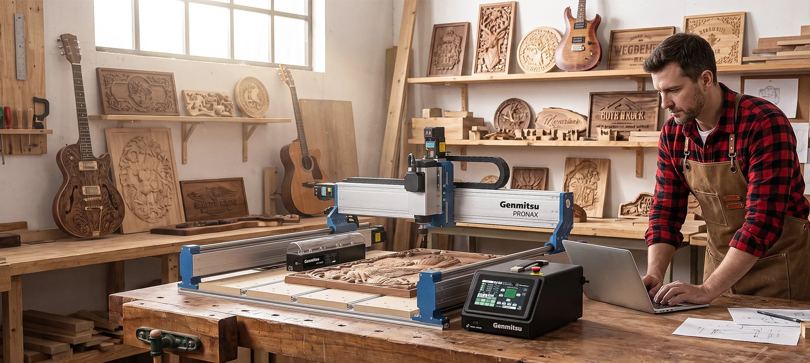 A woodworker at a carving bench with a PRONAX router and finished wooden pieces on the shelves