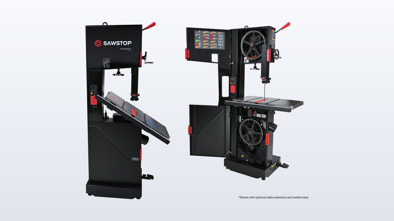 Black SawStop 14-inch Professional Bandsaw with red handwheel and table extension
