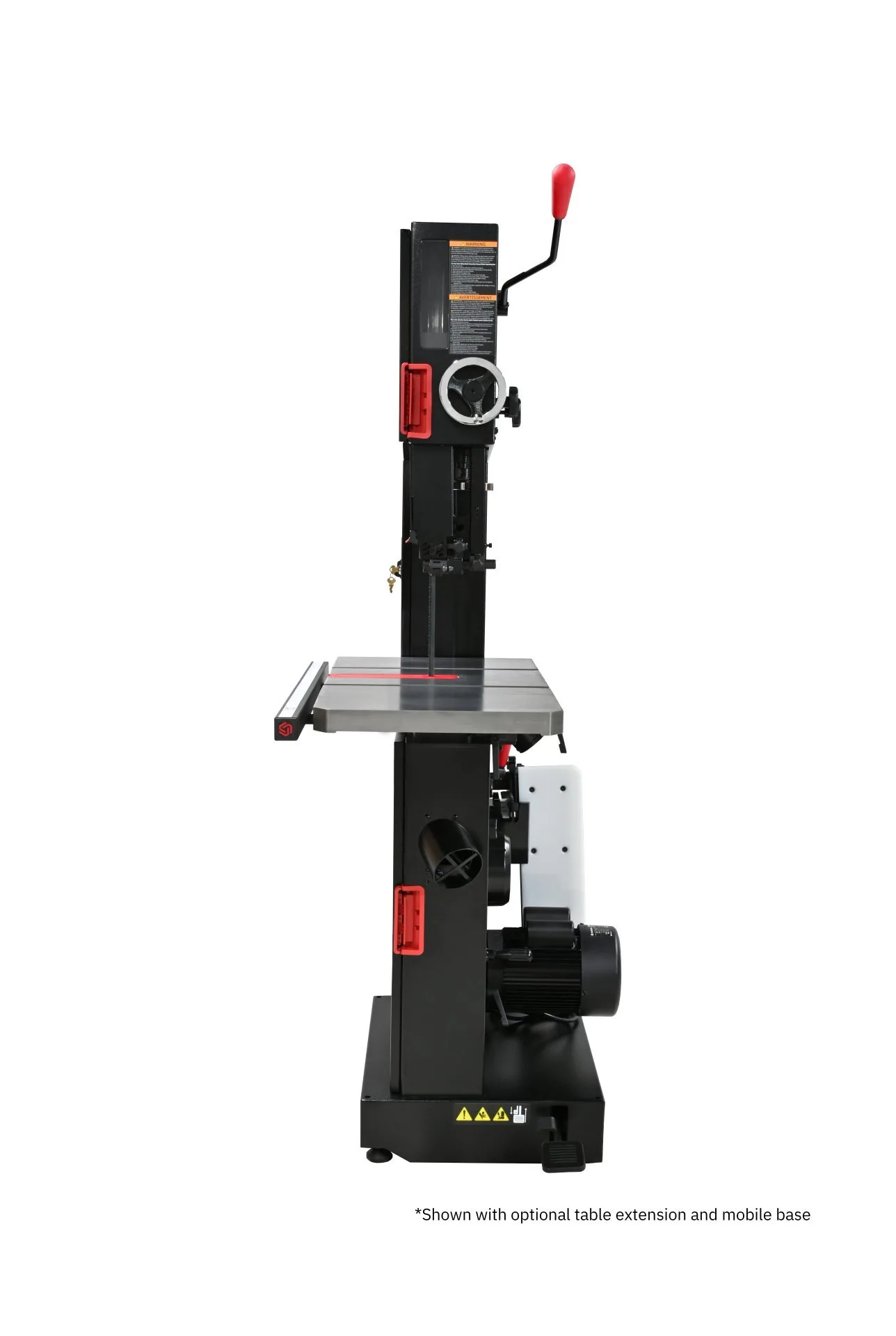Side view of the SawStop Professional Bandsaw with its table extension and mobile base