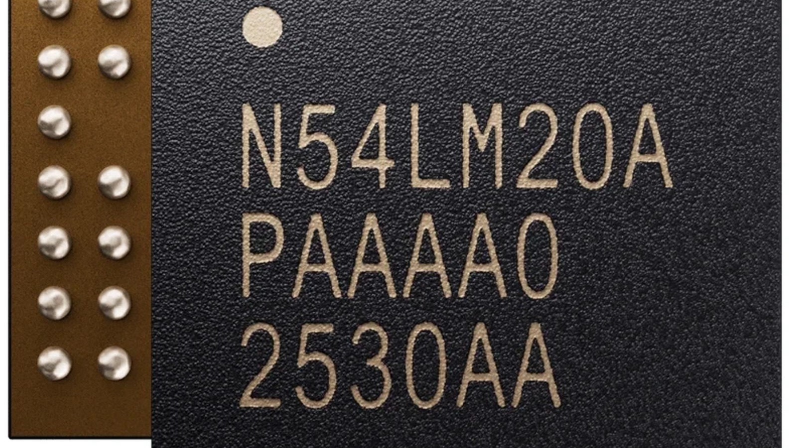 Close-up of the Nordic nRF54LM20A wireless chip in its CSP package