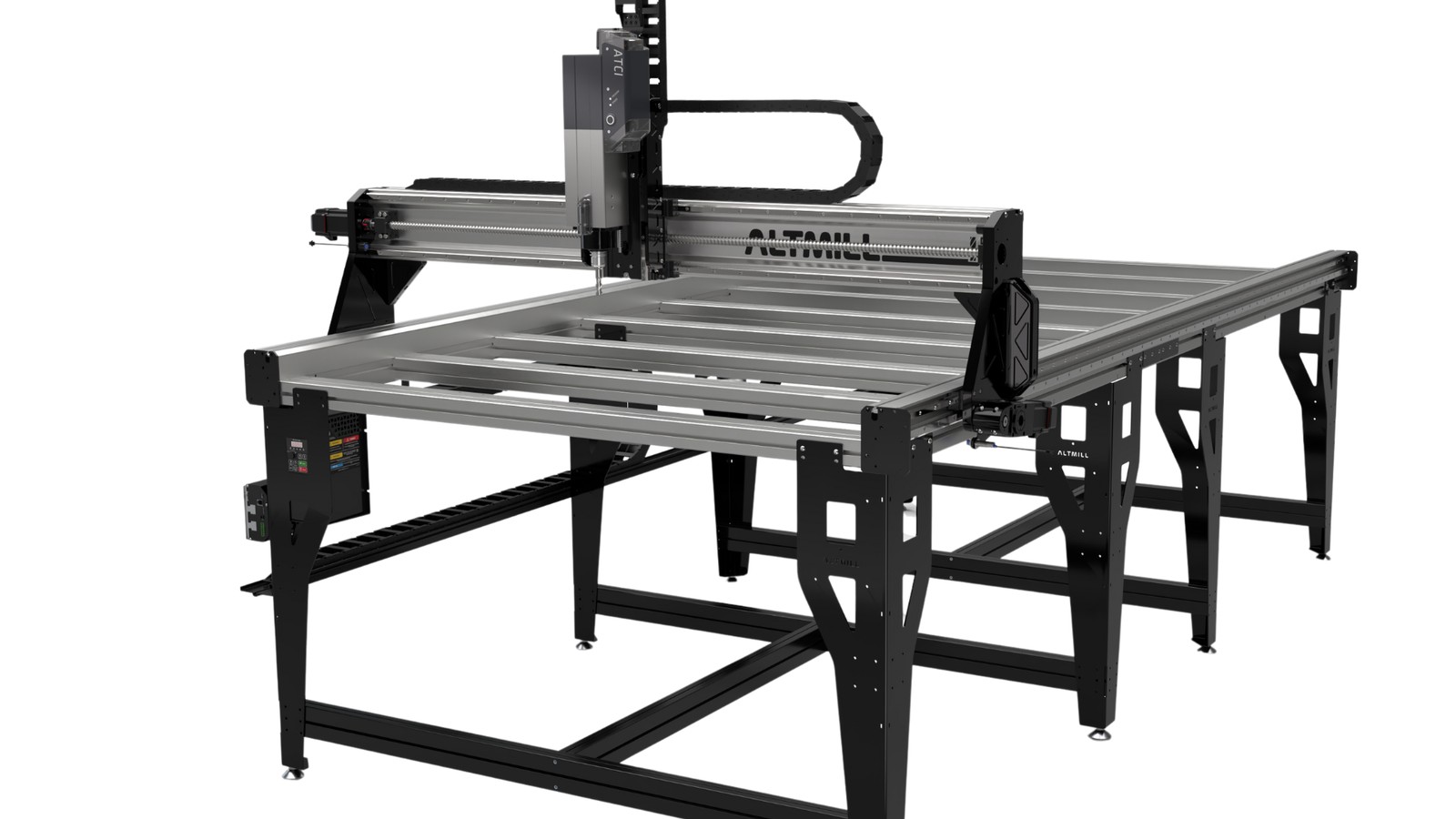 Sienci AltMill 4x8 CNC router rendered on a white background, a black steel frame supporting a long aluminum table with the gantry at one end