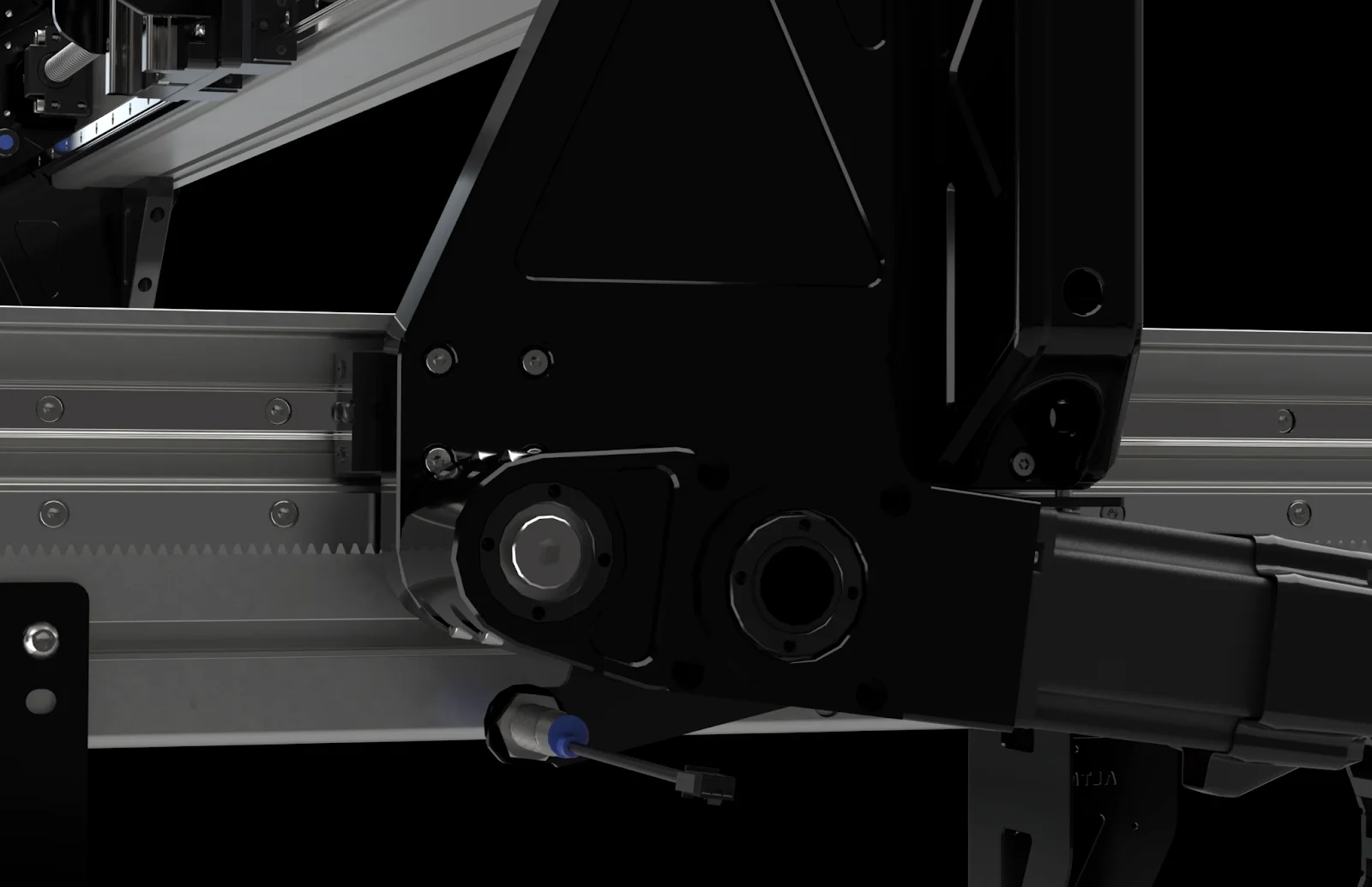 Closeup of the rack and pinion drive on the long axis