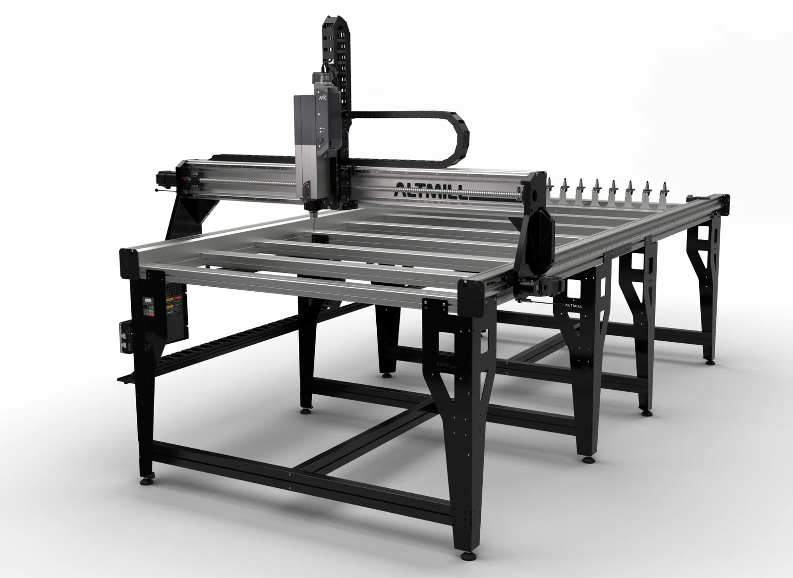 An AltMill 4×8 rendered with the tool changer rack mounted along the side of the gantry