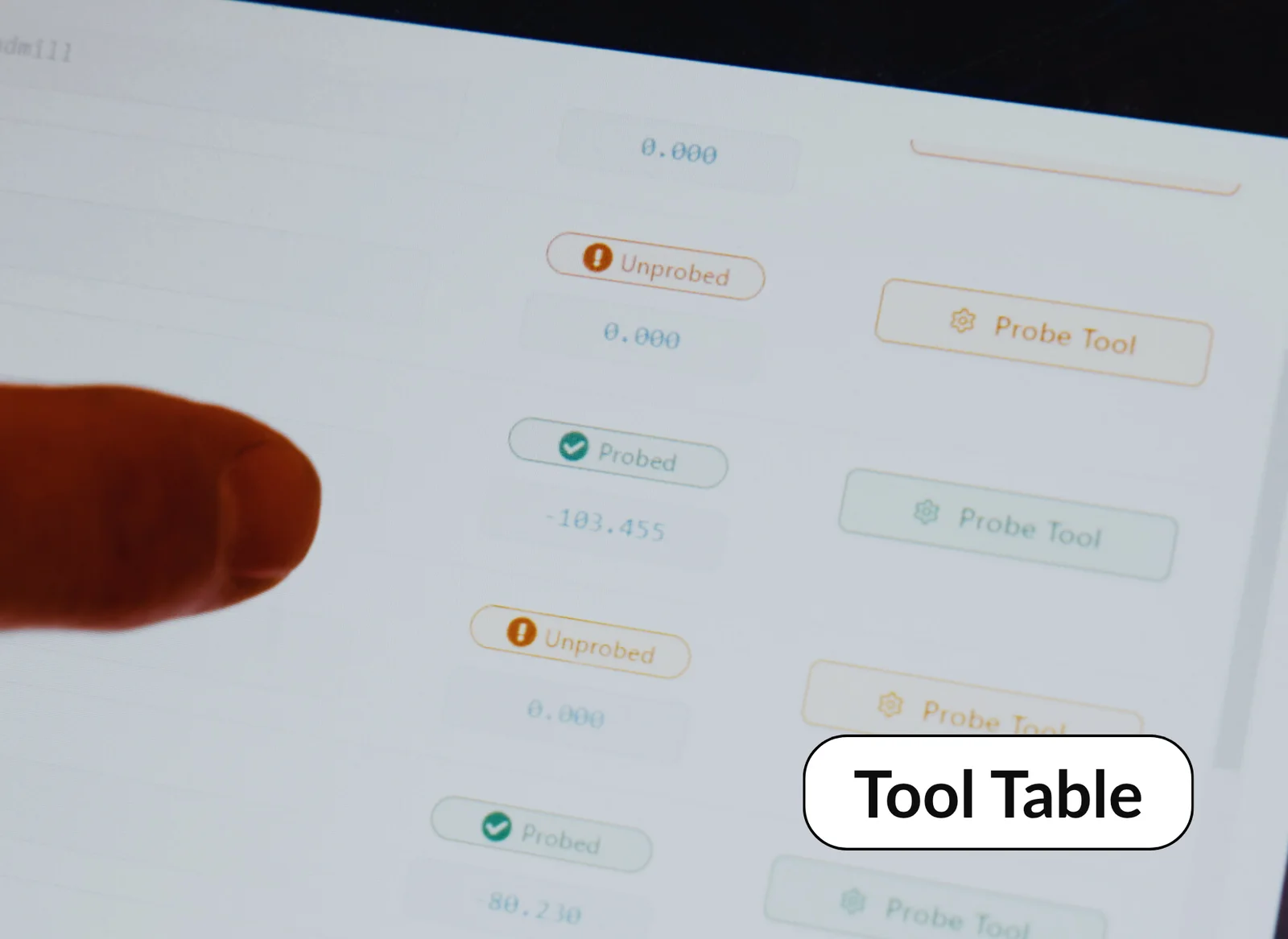 gSender's tool table on a tablet screen showing probe status for each tool