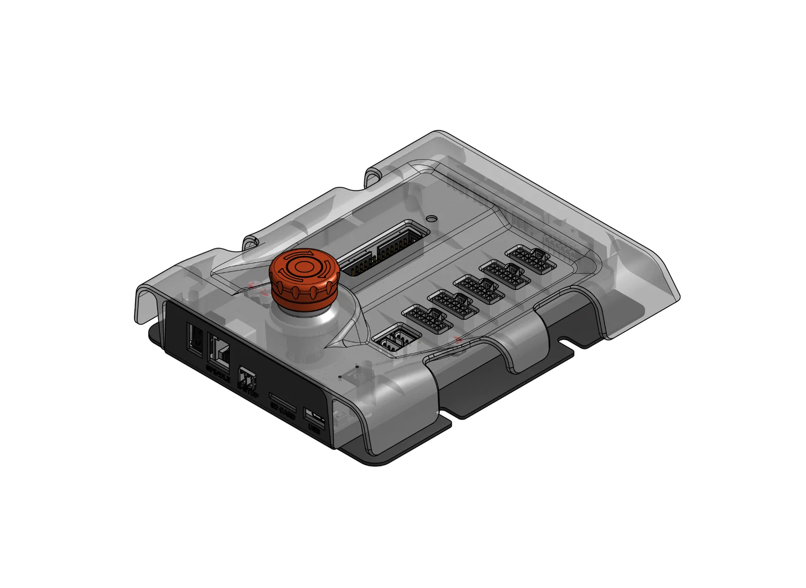 A render of the SLB-LITE controller, a clear plastic case with an emergency stop button