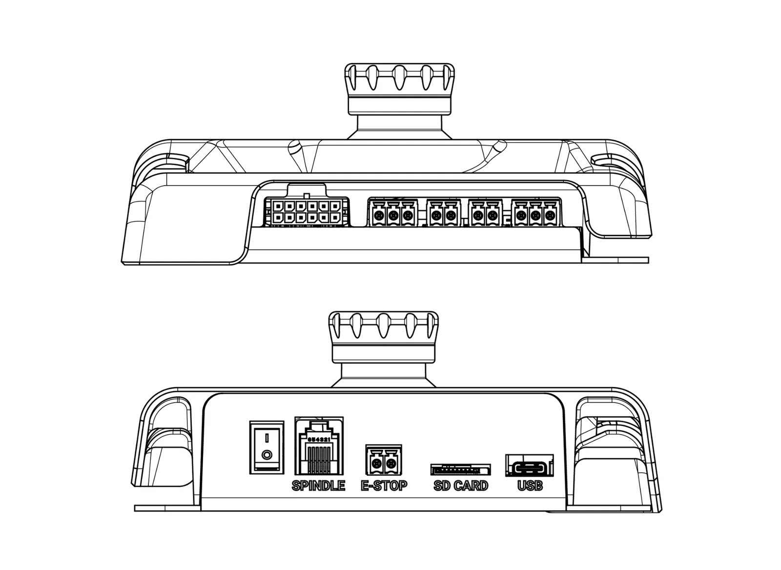 Line drawings of the SLB-LITE controller showing its ports for spindle, e-stop, SD card, and USB