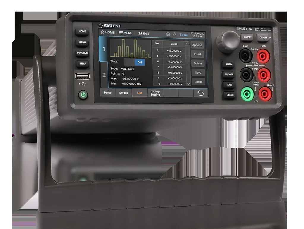 Siglent SMM3000X source-measure unit showing sweep results on its touchscreen
