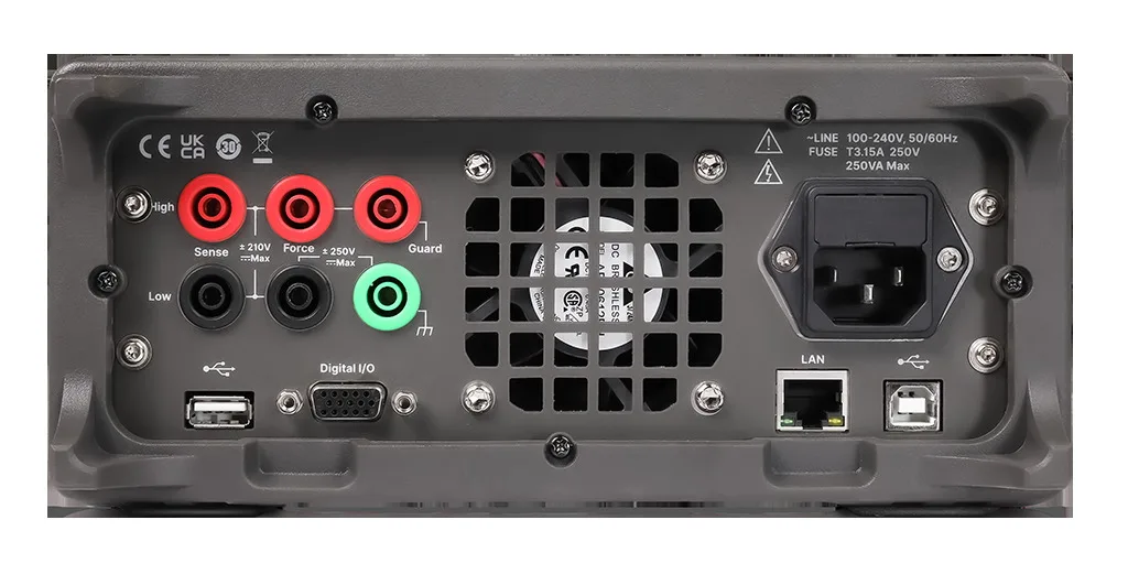 The SMM3000X rear panel with force and sense terminals, USB, LAN, and mains inlet