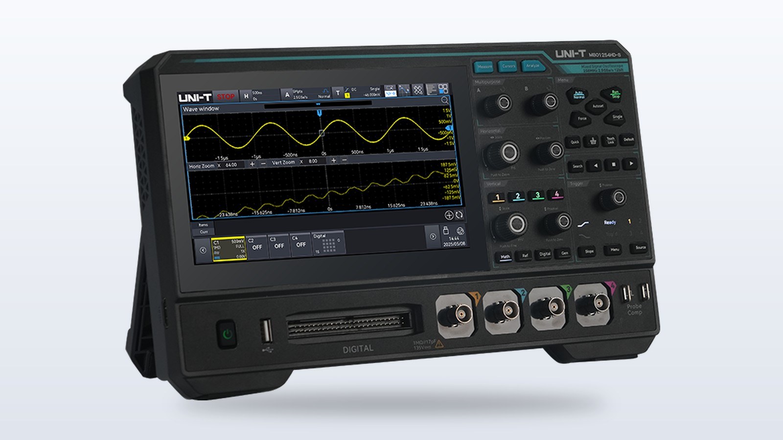 UNI-T MSO1000HD oscilloscope with a 7-inch touch screen showing waveforms
