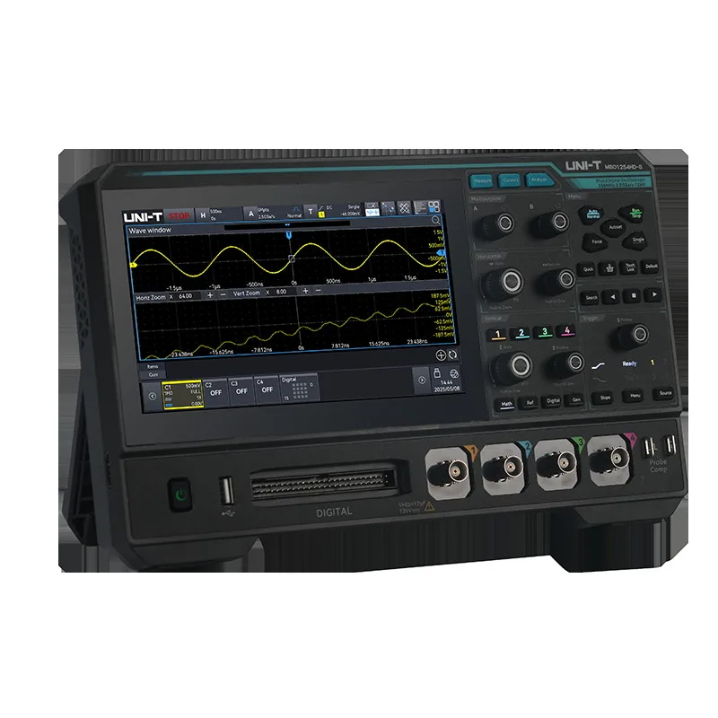 UNI-T MSO1000HD oscilloscope with four analog inputs and a digital connector below the screen