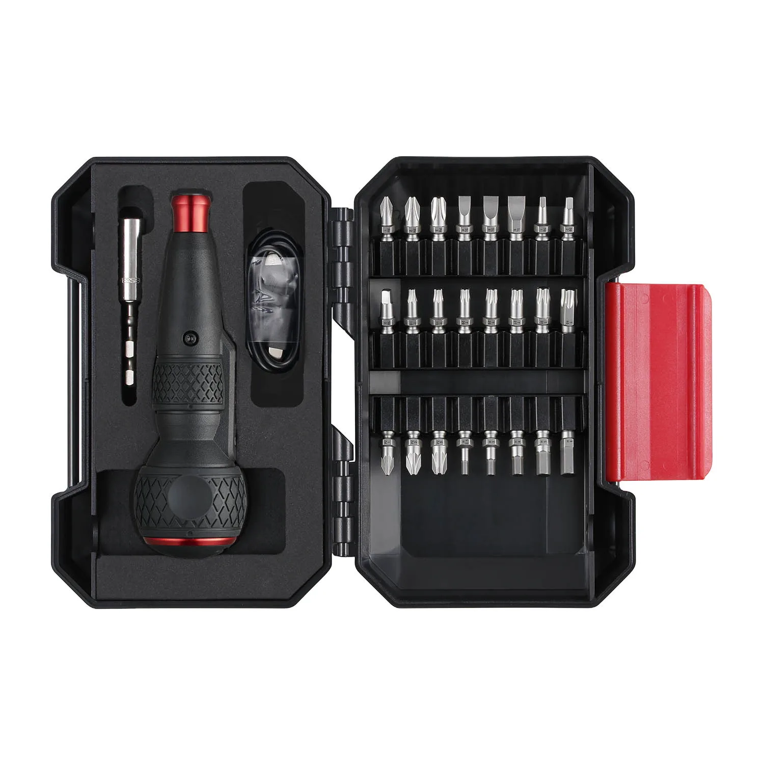 The 220USBC25U screwdriver and its bits laid out in the case