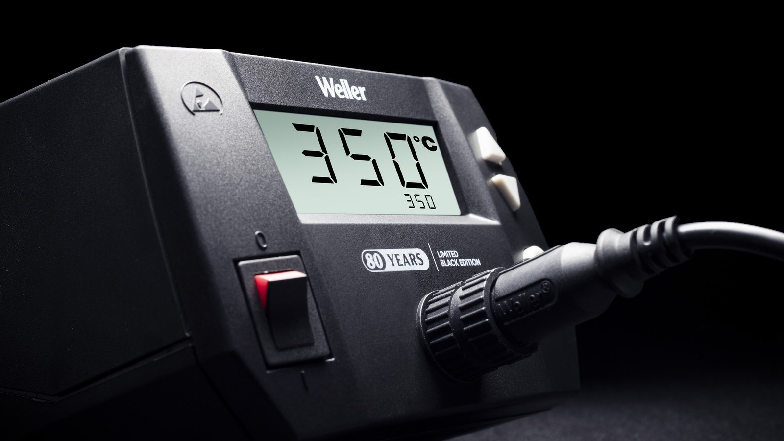 Close-up of the Weller WE1010 Black Edition display reading 350 degrees C beside the 80 years logo