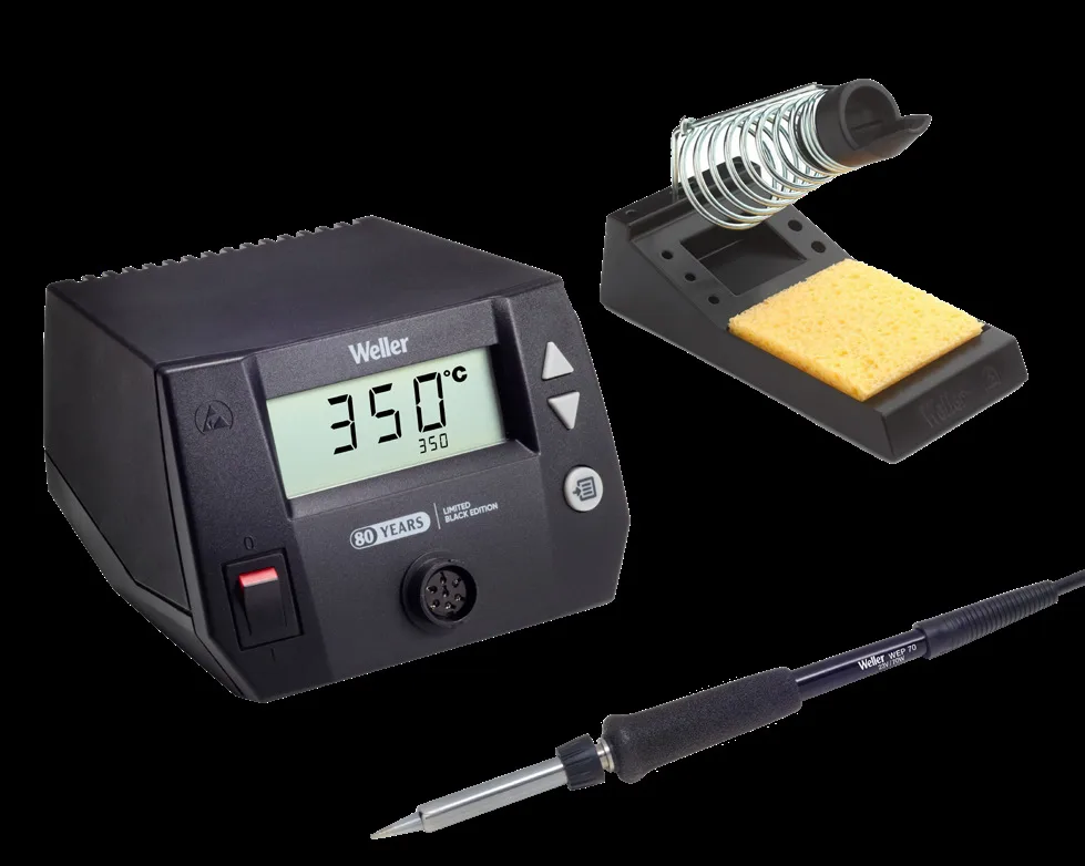 The black Weller WE1010 Black Edition station with its iron and sponge stand, showing 350°C on the display