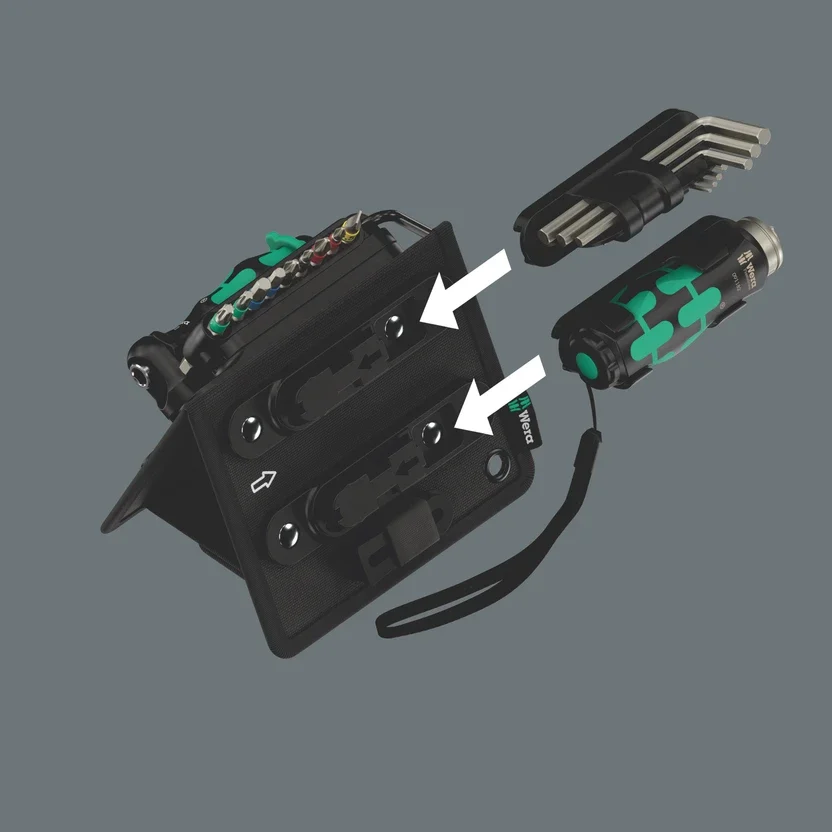 Flashlight, bits, L-key and Kraftform handle stored on four modular holders