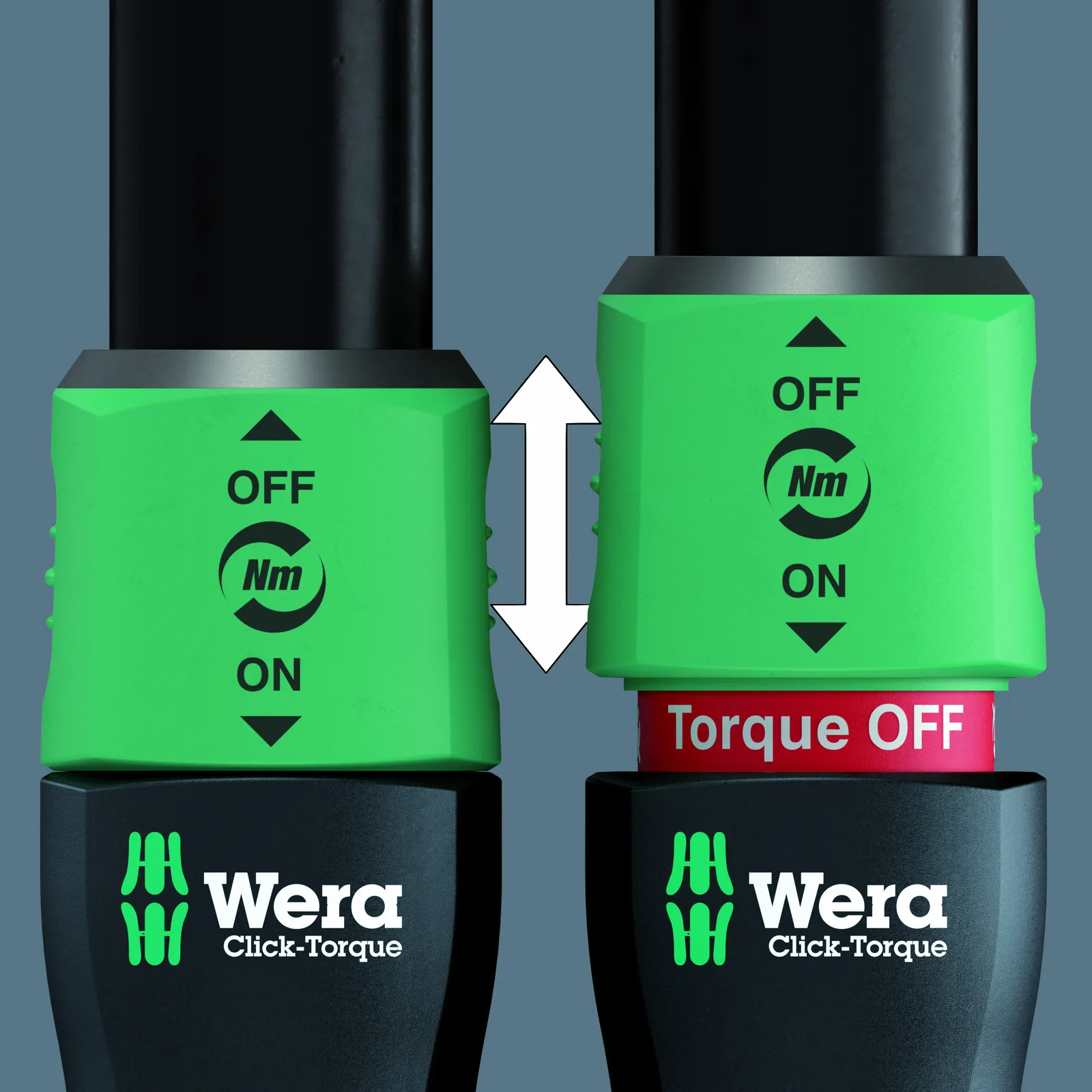 Wera's graphic comparing the collar in the torque-on position and the raised, torque-off position with its red band