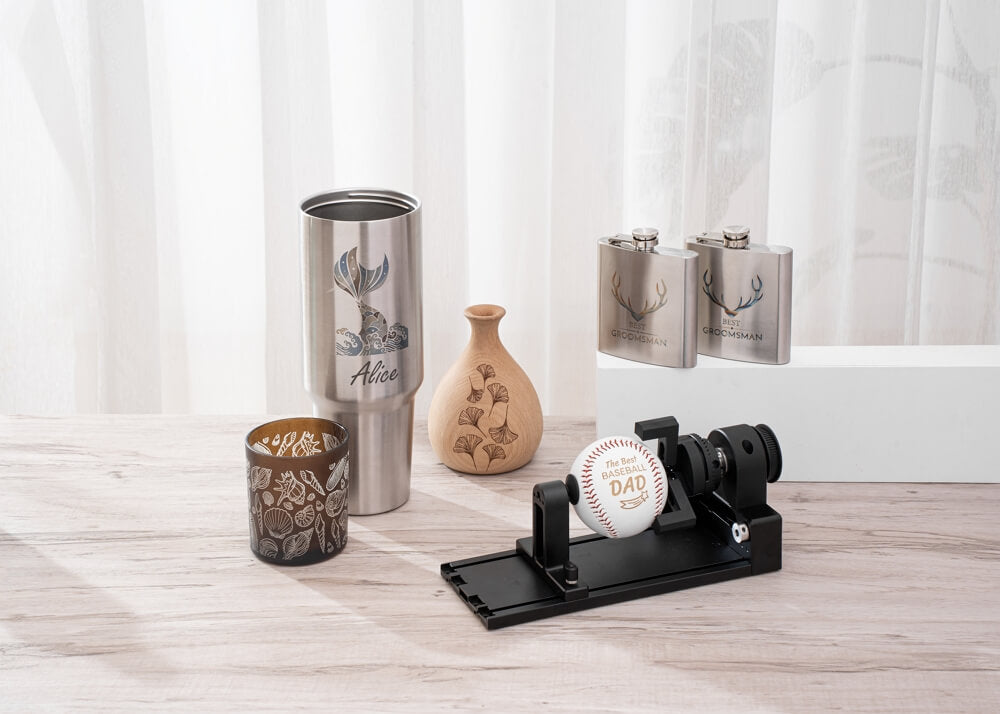 Examples of cylindrical and irregular objects prepared with xTool's rotary engraving workflow