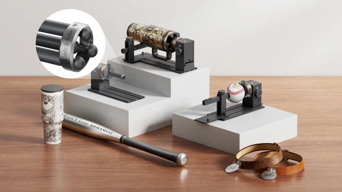 xTool RA3 rotary accessory shown with cylindrical and irregular objects for F1 Ultra engraving