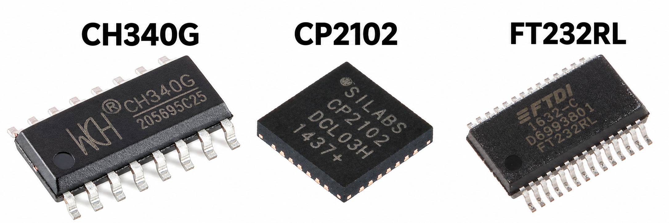 Three USB-UART bridge chips side by side: a CH340G, a CP2102, and an FT232RL.