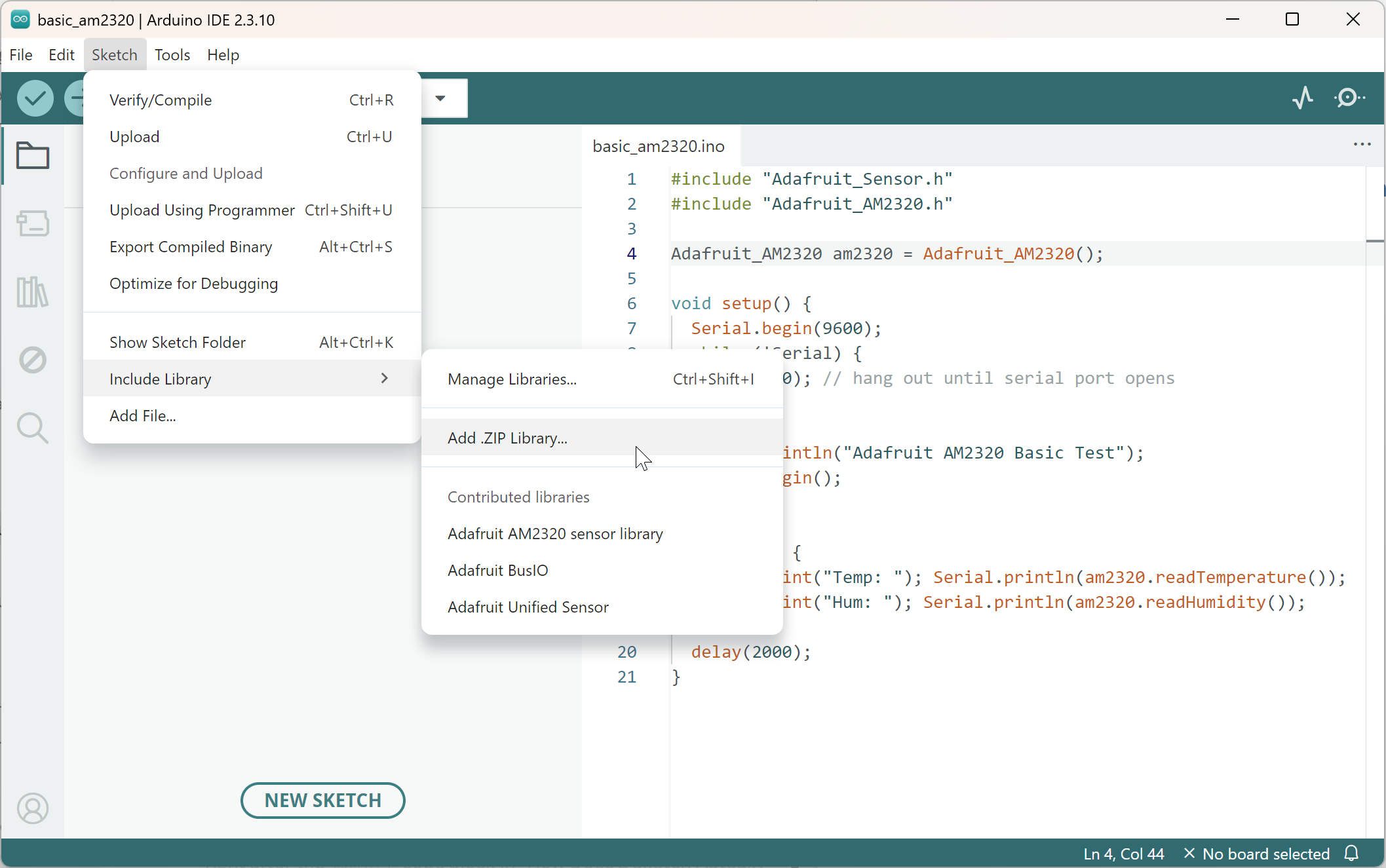 Arduino IDE Sketch menu showing the Add .ZIP Library option