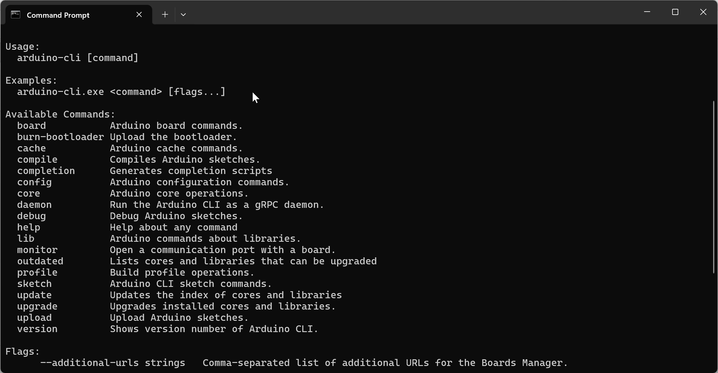Arduino CLI's top-level command list in a terminal.
