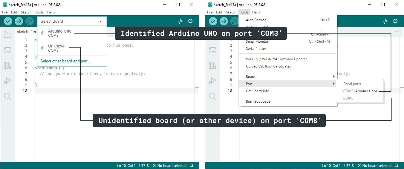 The board picker showing an identified Arduino Uno on one port next to an unidentified device on another, the core symptom this article is about.
