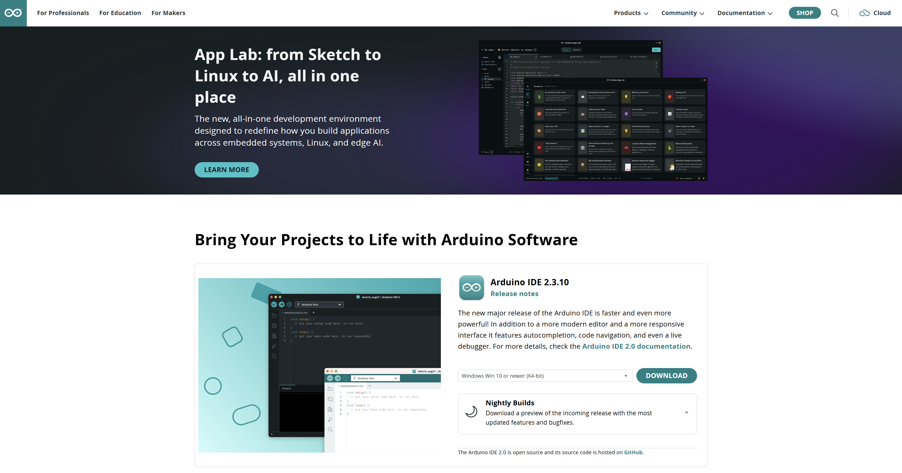 Arduino's official software page in 2026, showing the current lineup of downloads.