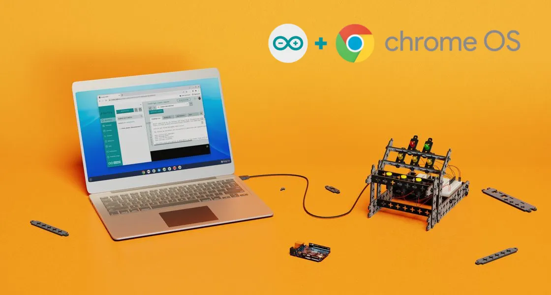 A Chromebook on the bench with an Arduino board plugged in and Cloud Editor open.