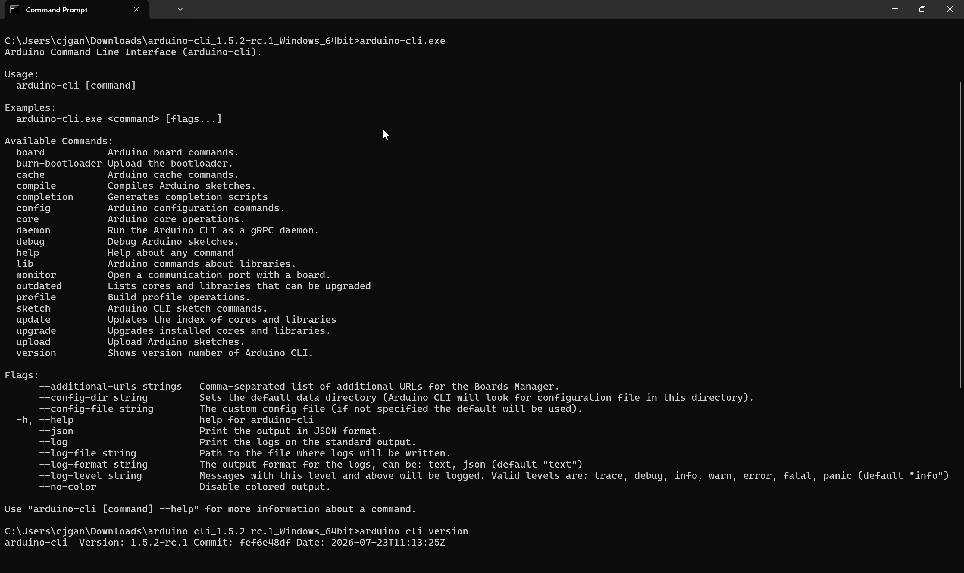 A terminal running arduino-cli's help output, then arduino-cli version to confirm it is installed and on PATH.