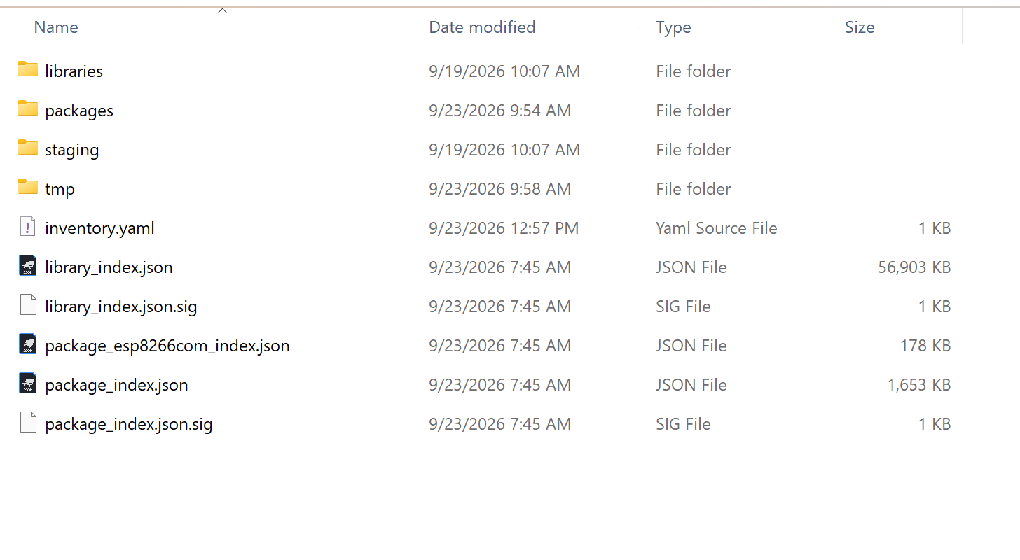 File Explorer with %LOCALAPPDATA%\Arduino15 open, showing the packages, staging, and index files inside.