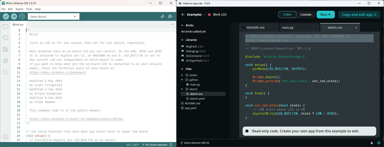 Arduino IDE 2 and App Lab side by side, each with a Blink example open.