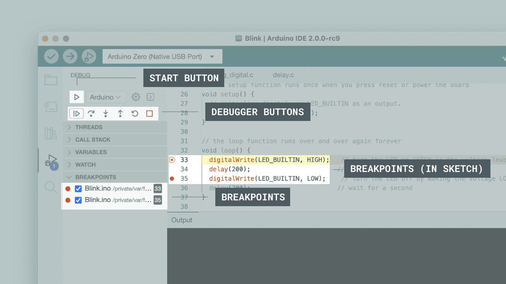 A live debug session paused on a breakpoint, with the debugger controls and breakpoints panel labeled.