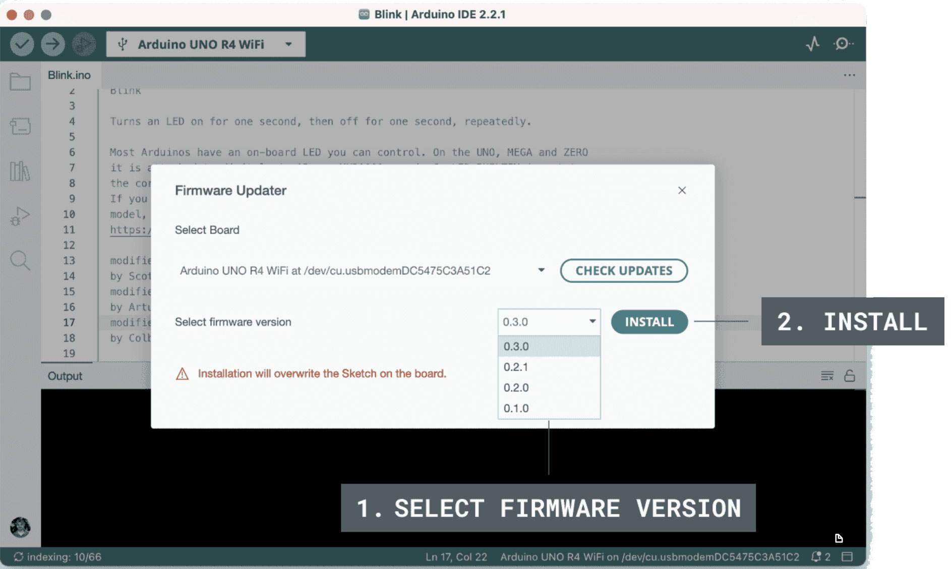 Arduino's Firmware Updater dialog. The MicroPython installer uses the same board-picker-plus-Install shape.