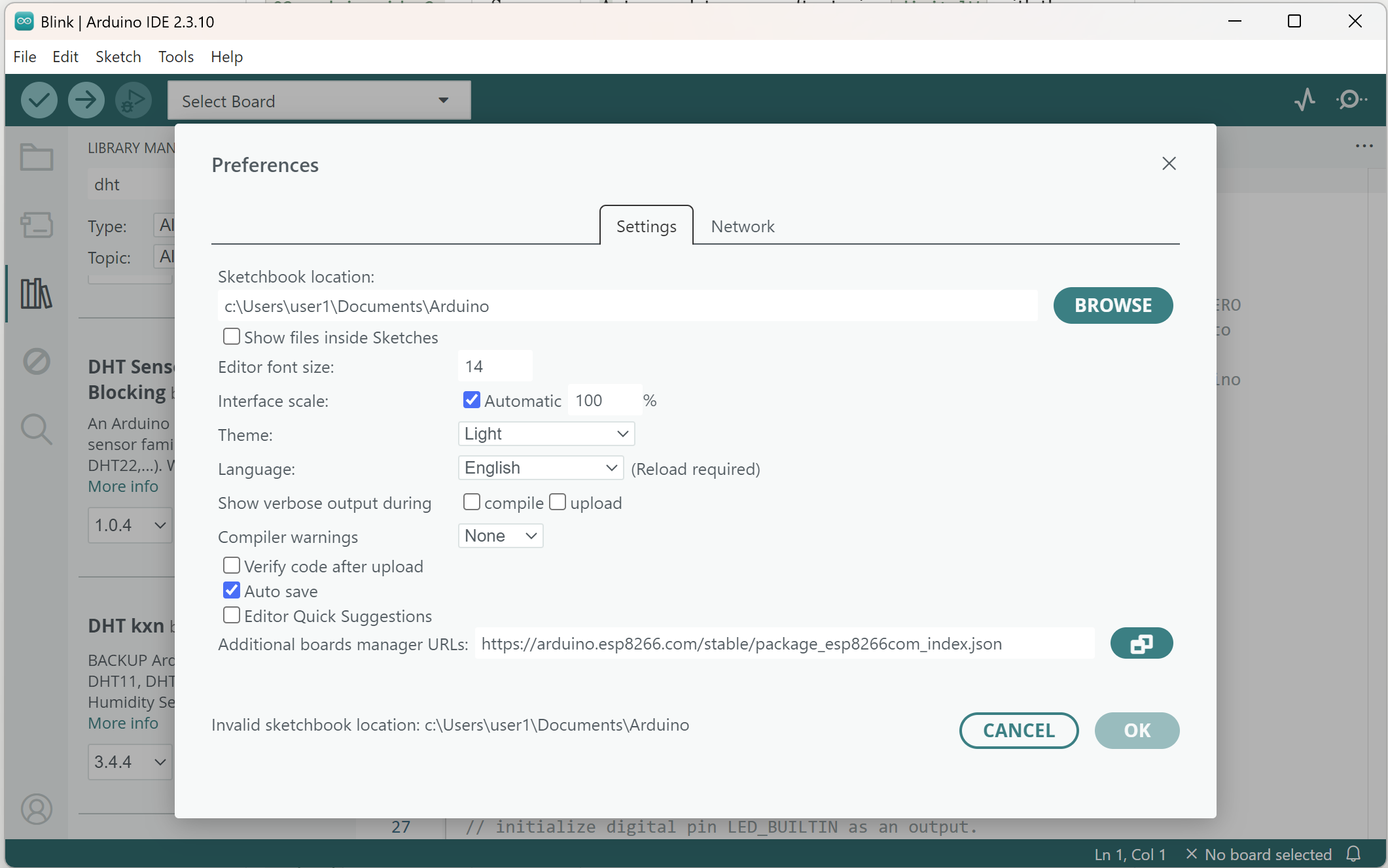 The Preferences dialog, showing sketchbook location, editor font size, and other settings.