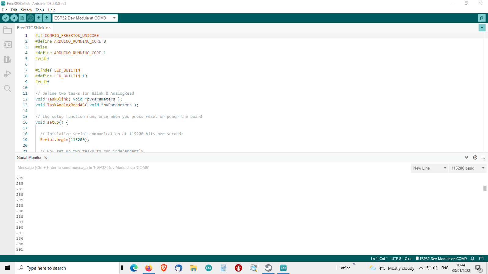 Arduino IDE 2 with a sketch open and Serial Monitor docked at the bottom of the window.