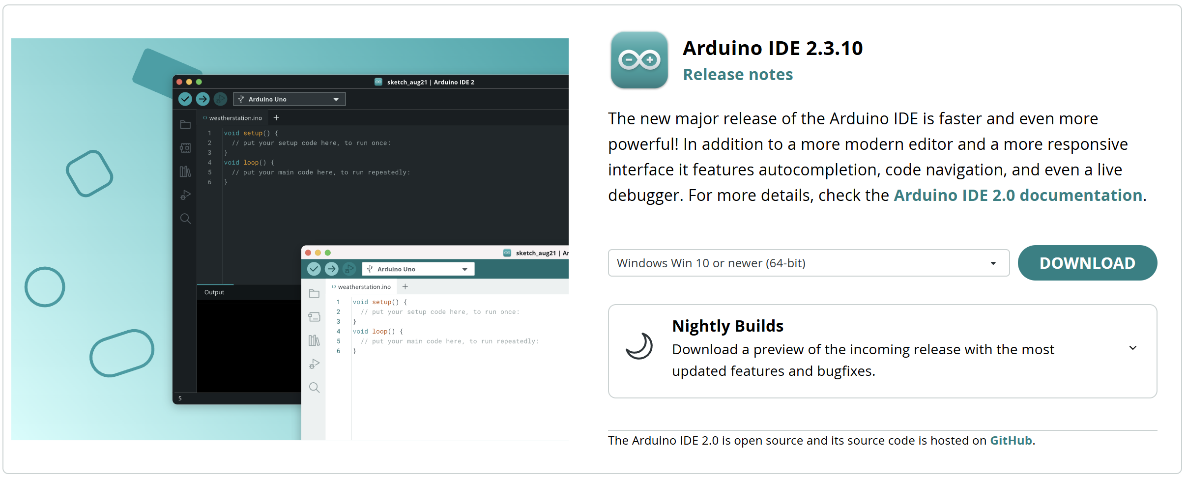 The Arduino IDE 2 download card on arduino.cc, with the Windows MSI, EXE, and ZIP options.
