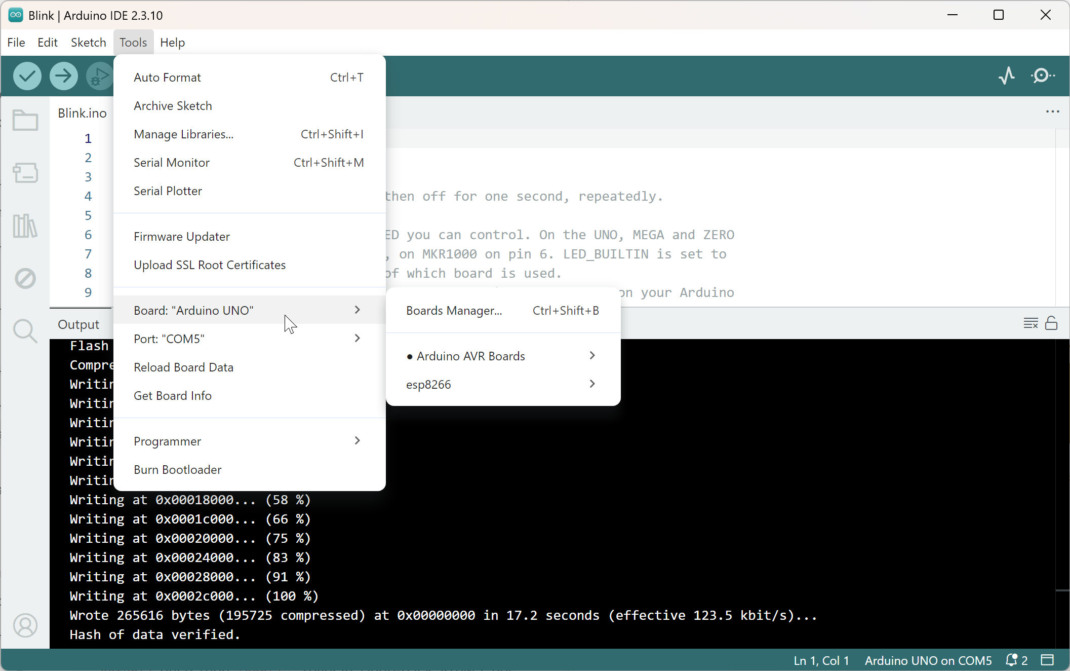 The Tools, Board submenu, showing Boards Manager plus the installed core families underneath it.