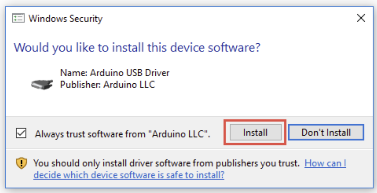 The Windows Security prompt asking to install the Arduino USB driver during setup.