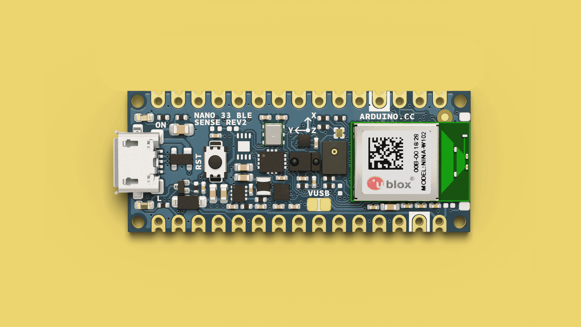 The Arduino Nano 33 BLE Sense, a board with an onboard accelerometer, gyroscope, magnetometer, temperature, and light sensor.