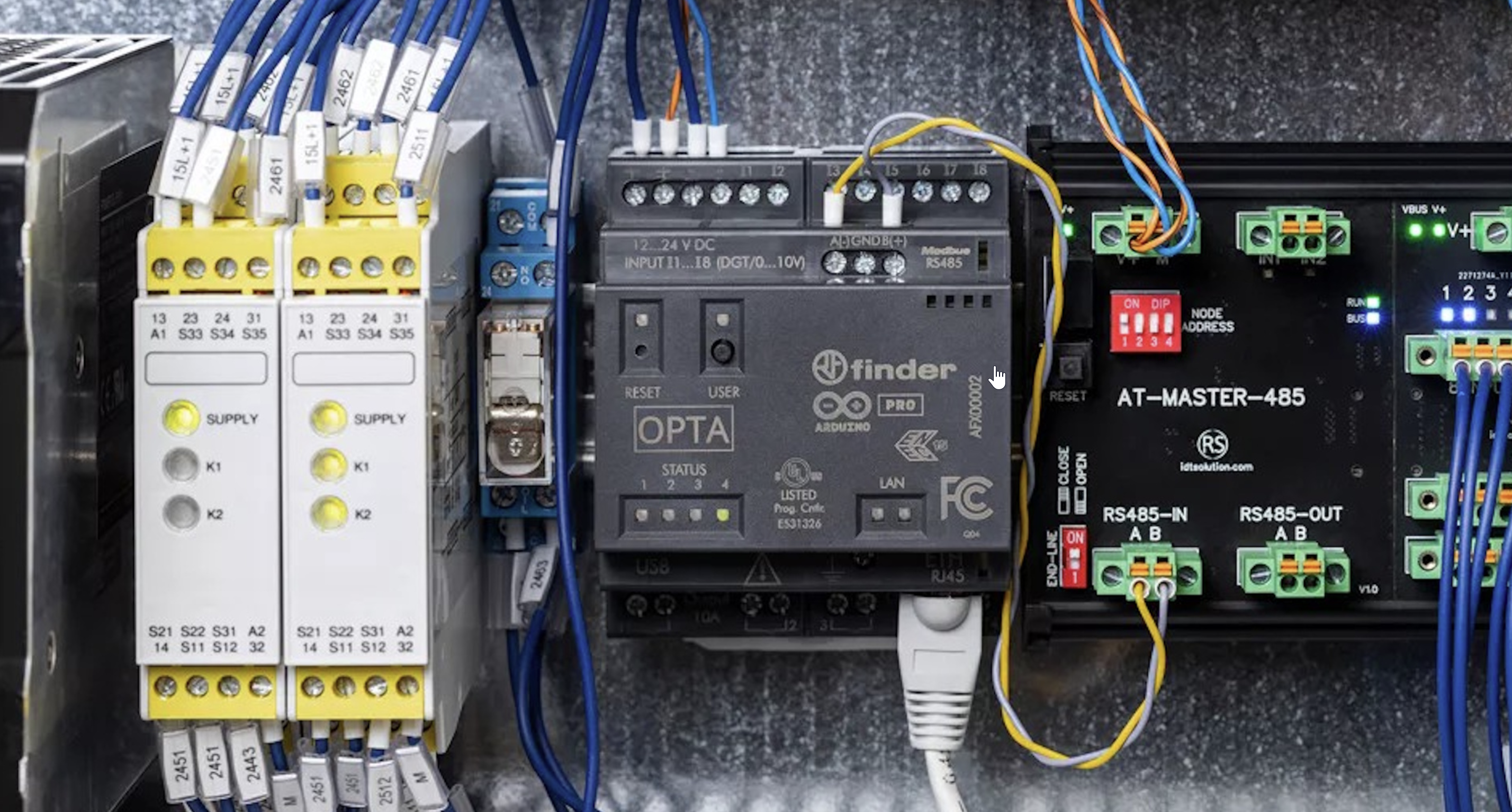 Arduino Opta mounted in a control cabinet, the kind of setting this hardware is built for.