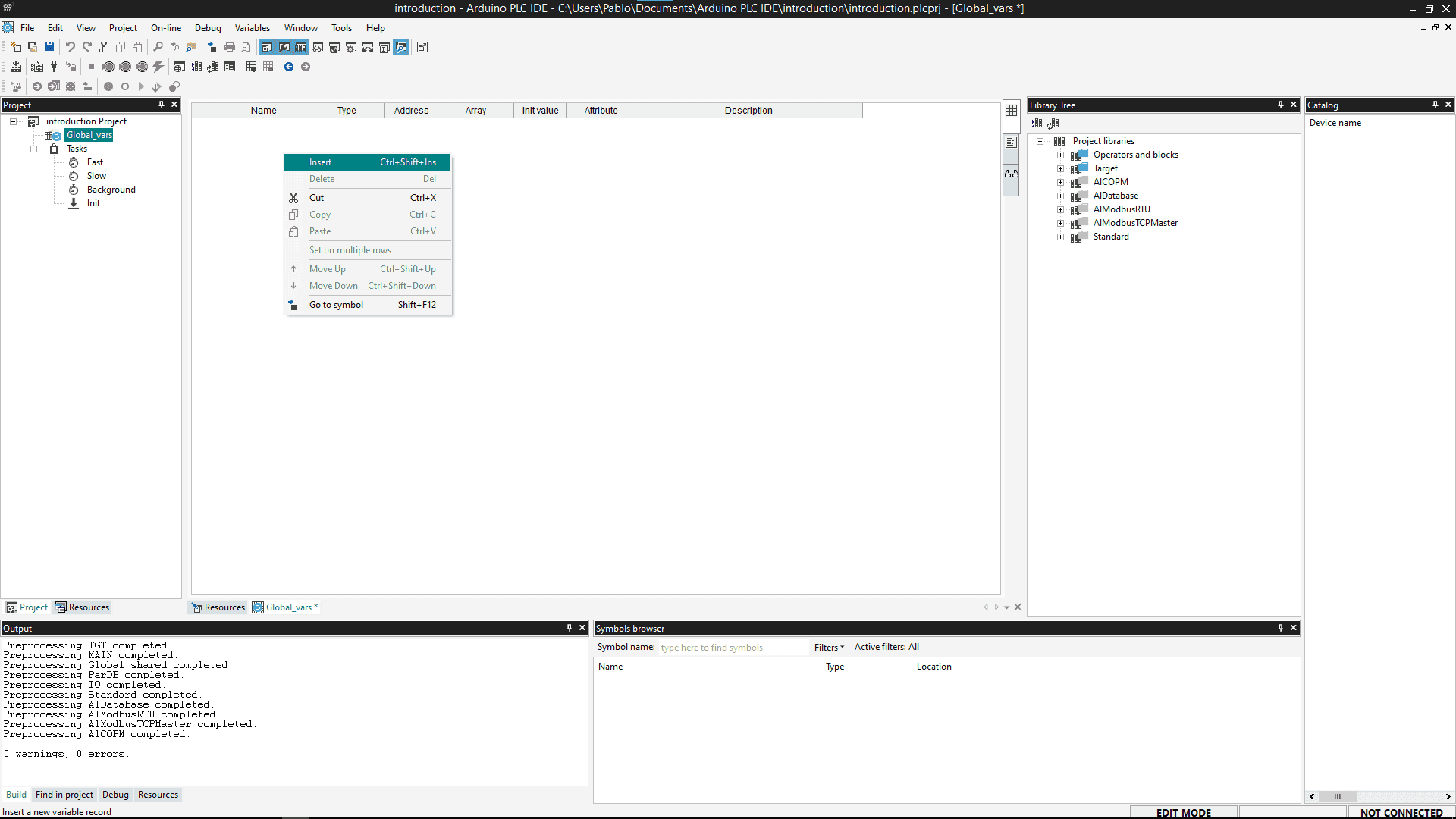 Arduino PLC IDE's project view, with the Global_vars table and the Library Tree panel.