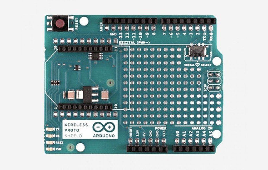 Photo of the Arduino Wireless SD, Wireless Proto, and XBee Shields